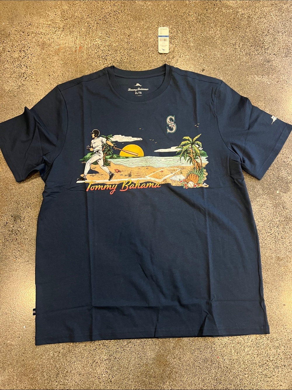 Seattle Mariners Tommy Bahama Women's Navy Short Sleeve Graphic Tee -unisex